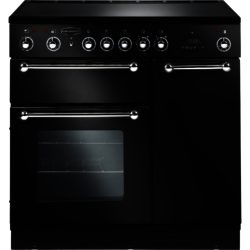 Rangemaster 90cm Electric with Ceramic Hob 67470 Range Cooker in Black with Chrome trim and Port hole doors